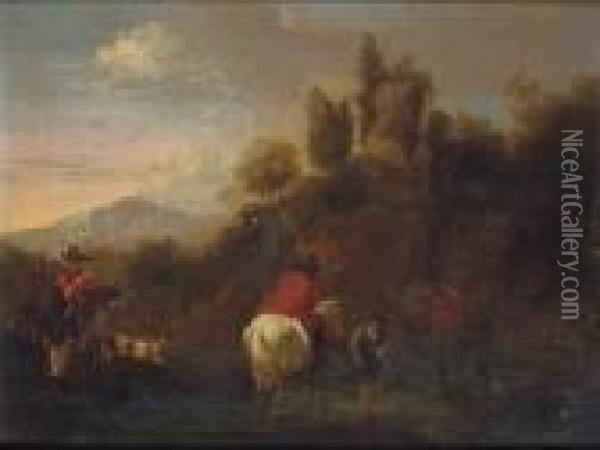 A Wooded Mountainous Landscape 
With Cattle, Sheep And Goats In The Foreground, Classical Ruins Beyond Oil Painting - Nicolaes Berchem