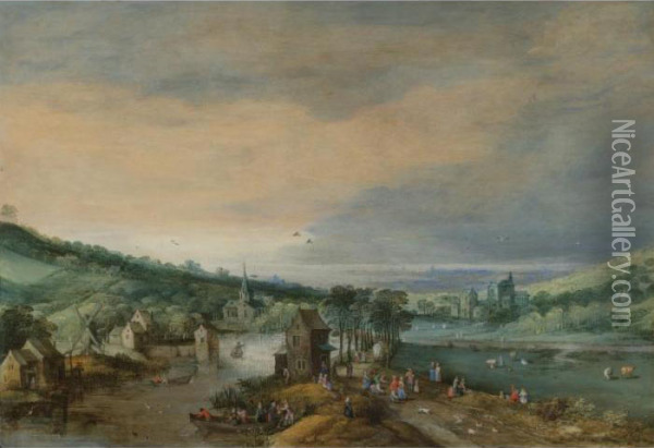 A River Landscape With Figures On A Road Passing A Town, And A Distant View Of The Sea Oil Painting - Joos De Momper