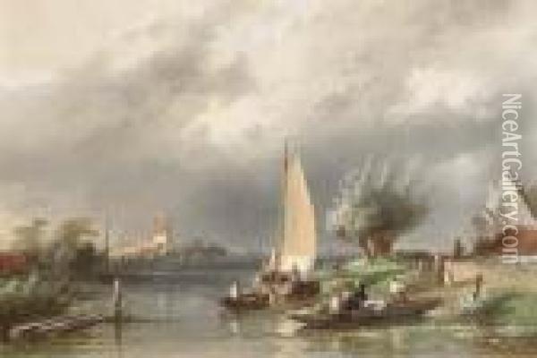 Summer: A Ferry Crossing On A Windy Day Oil Painting - Charles Henri Leickert