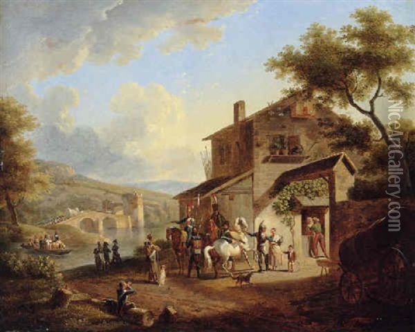 A Landscape With Soldiers Taking Leave From Their Families Oil Painting - Jean-Louis Demarne