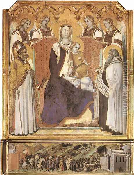 Madonna with Angels between St Nicholas and Prophet Elisha Oil Painting - Pietro Lorenzetti