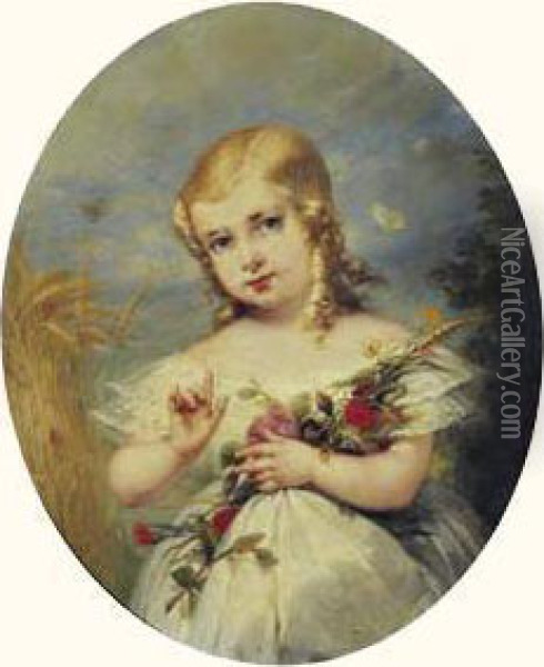 Portrait De Petite Fille Au Bouquet De Fleurs. Oil Painting - Aimee, Nee Pages Brune