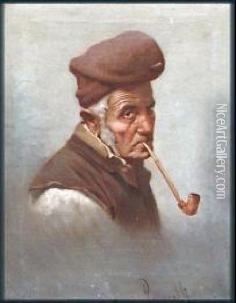 A) Vecchio Pescatore - B) Popolana Oil Painting - Achille Petrocelli