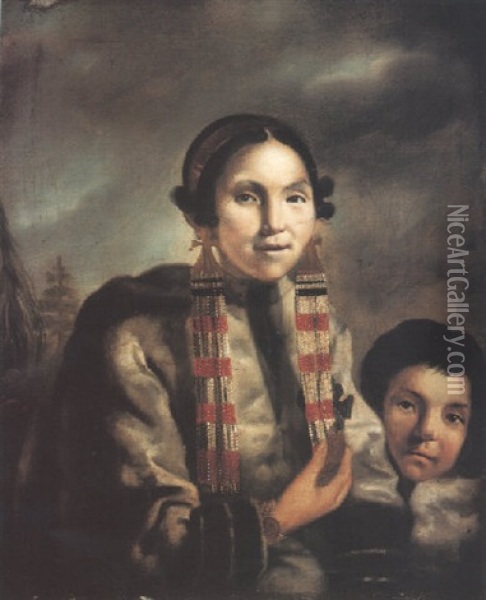 Portrait Of Micoc And Her Son, Totac, Esquimeaux Indians Oil Painting - John Russell