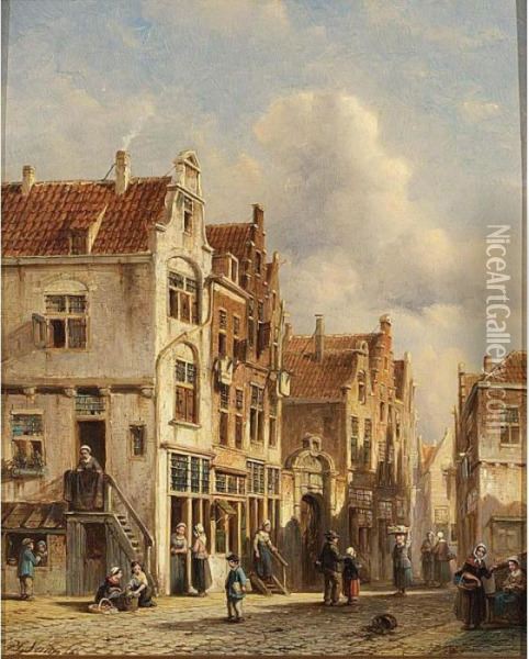 Figures In The Sunlit Streets Of A Dutch Town Oil Painting - Pieter Gerard Vertin