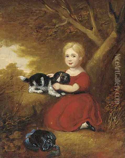 A girl with a dog in a wooded landscape Oil Painting - English School