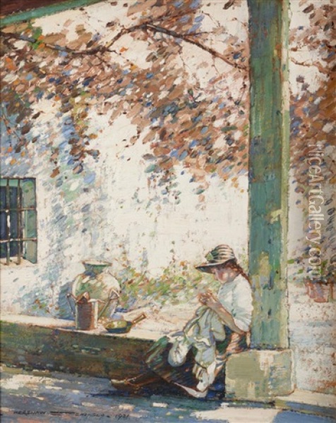 Little Girl Sitting Against A Pillar In Dappled Sunlight Oil Painting - Kershaw Schofield