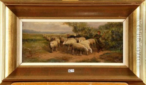 Bergere Et Son Troupeau Oil Painting - Jef Louis Van Leemputten