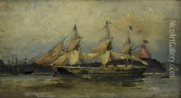 Skeppet Gar In I Stockholms Hamn - I Fonden Kastellholmen Oil Painting - Adolf Nordling