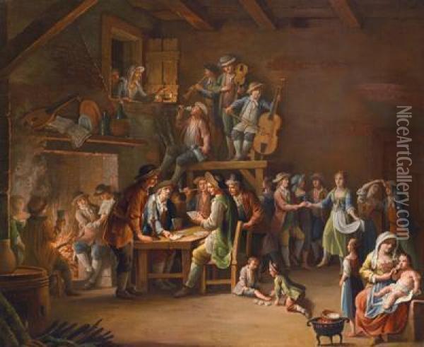 Wirtshausinterieur Mit Zahlreichen Kartenspielenden Und Musizierenden Personen Oil Painting - Giovanni Battista Colombo