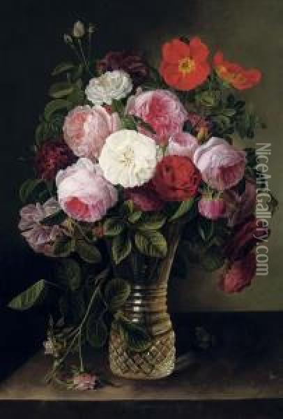 Summer Roses In A Crystal Vase Oil Painting - Gottfried Wilhelm Voelcker