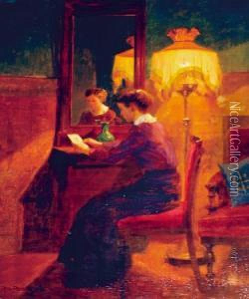Kvinne I Interior Ved Lampelys 1916 Oil Painting - Robert Panitzsch