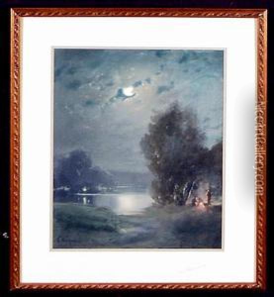 A Campfire By A Moonlit Lake Oil Painting - Gulbrand Sether