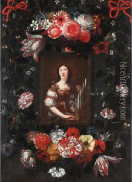 Saint Cecilia Surrounded By A Garland Of Flowers Oil Painting - Michel Bouillon