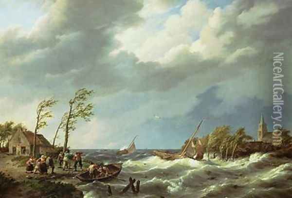 Dutch Fishing Vessel Caught on a Lee Shore with Villagers and a Rescue Boat in the Foreground Oil Painting - Hermanus Koekkoek