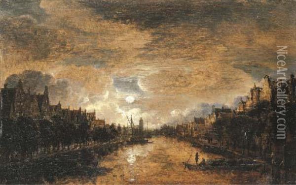 A Moonlit View Of A City Along A Canal Oil Painting - Aert van der Neer