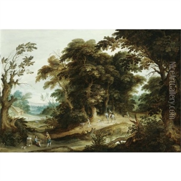 A Wooded Landscape With A Poultry-seller, Travellers And Dogs On A Path Beyond Oil Painting - Alexander Keirincx