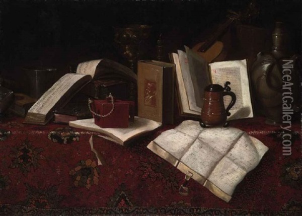 Books, A Silver Beaker, A Gilt Cup, A Candle, A Violin, And Other Vessels, On A Carpet-draped Table Oil Painting -  Pseudo-Roestraten