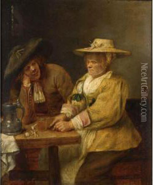 A Couple At A Table Drinking And Cutting Tobacco Oil Painting - Joos van Craesbeeck