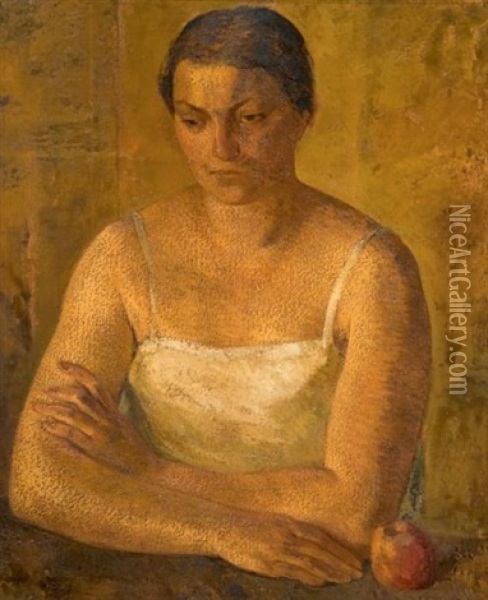 Portrait De Jeanne Lafnet A La Pomme Oil Painting - Luc Lafnet