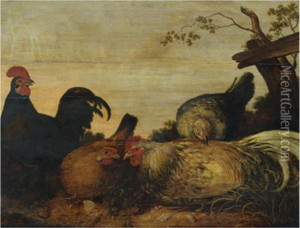 Poultry In A Landscape Oil Painting - Gijsbert Gillisz. de Hondecoeter