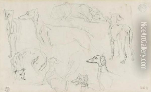 Etude De Huit Levriers Dans 
Diverses Positions (recto); Croquis De Caricatures Et Essais De Lavis 
(verso) Oil Painting - Eugene Delacroix