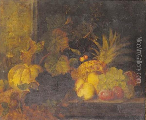 A Pumpkin, A Pineapple, Grapes, Plums, Peaches, Cherries And A Pomegranate On A Table Oil Painting - Joshua, Cook Snr.