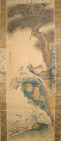 Baiitsu: Peacocks Under A Pine Oil Painting - Yamamoto Baiitsu