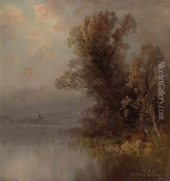 Blick Auf Einen See, Im Hintergrund Insel (chiemsee Mit Fraueninsel?) Oil Painting - Oskar Mulley