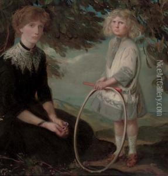 Portrait Of A Mother, Seated 
Full-length In A Garden, Her Son Standing Beside Her Holding A Hoop Oil Painting - Charles Haslewood Shannon