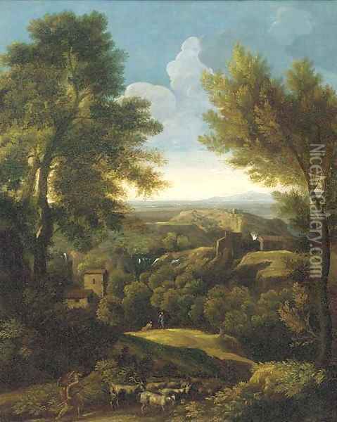 An extensive wooded landscape with a shepherd and his flock on a path Oil Painting - Gaspard Dughet