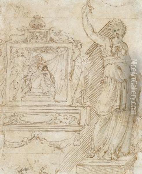 A Study Sheet With A Holy Family And St. John The Baptist Oil Painting - Perino del Vaga (Pietro Bonaccors)