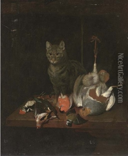A Cat Seated On A Wooden Table With Dead Birds Oil Painting - Philipp Ferdinand de Hamilton