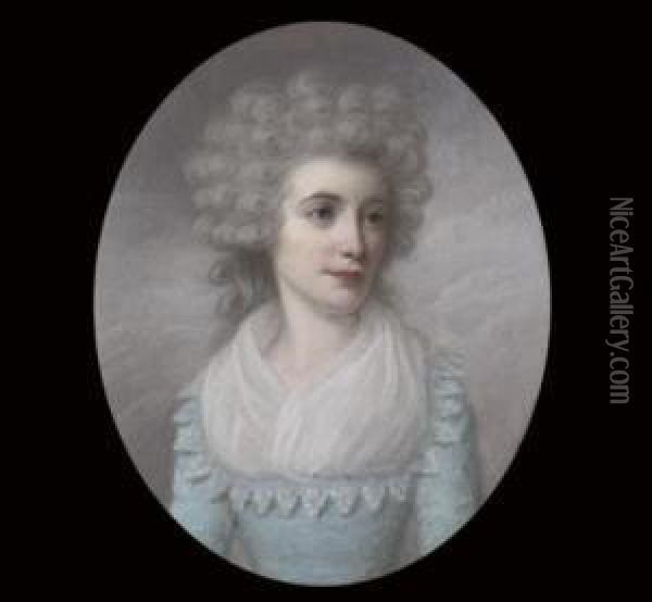 Mrs. George Blackman, In Blue Dress And White Fichu, Powdered Hair Oil Painting - Henry Stubble