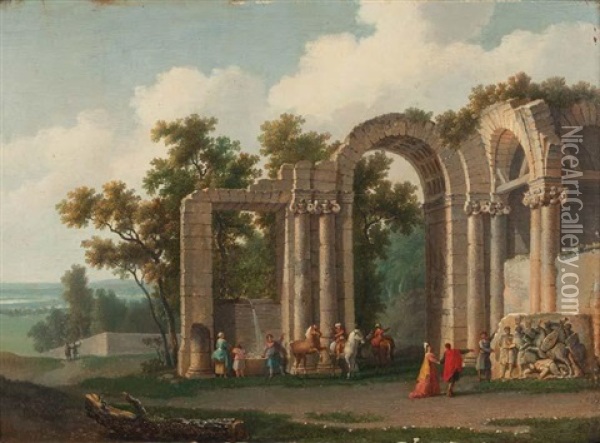 Visiteurs Dans Les Ruines Antiques Oil Painting - Jean Baptiste Francois Genillion