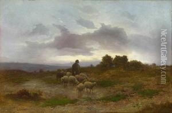 Heimkehrender Schafer Mit
 Herde. Oil Painting - Emil Barbarini
