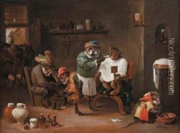 Le Singe Barbier Oil Painting - Abraham Teniers
