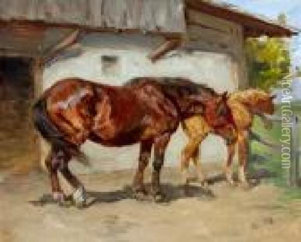 Zwei Pferde Oil Painting - Julius von Blaas