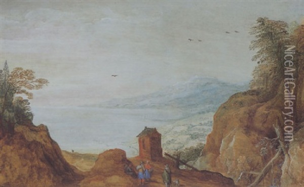 Weite Berglandschaft Mit Einer Kapelle Und Reisenden Oil Painting - Joos de Momper the Younger