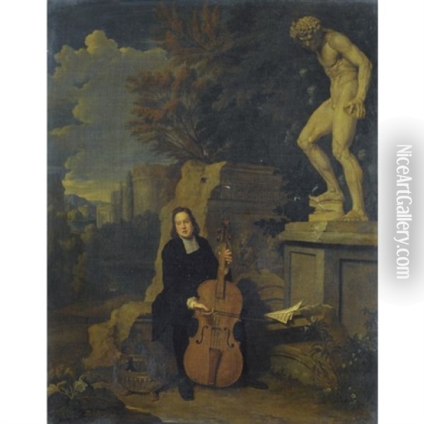 A Musician Playing The Violoncello In A Landscape With Classical Statuary And Ruins Oil Painting - Jan Josef Horemans the Elder