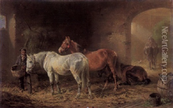 Bauer Im Pferdestall Beim Tranken Der Rosse Oil Painting - Ludwig Hartmann