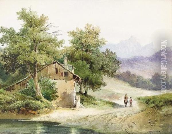 Wanderer In Waldiger Wiesenlandschaft. Oil Painting - Alexandre Calame