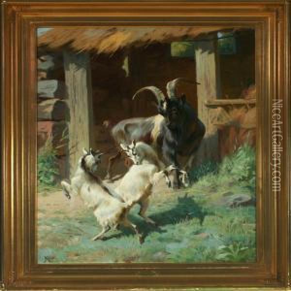Goat Watching Twokids Playing Oil Painting - Adolf Henrik Mackeprang
