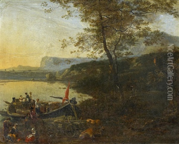Flusslandschaft Im Abendlicht Oil Painting - Pieter Jacobsz. van Laer