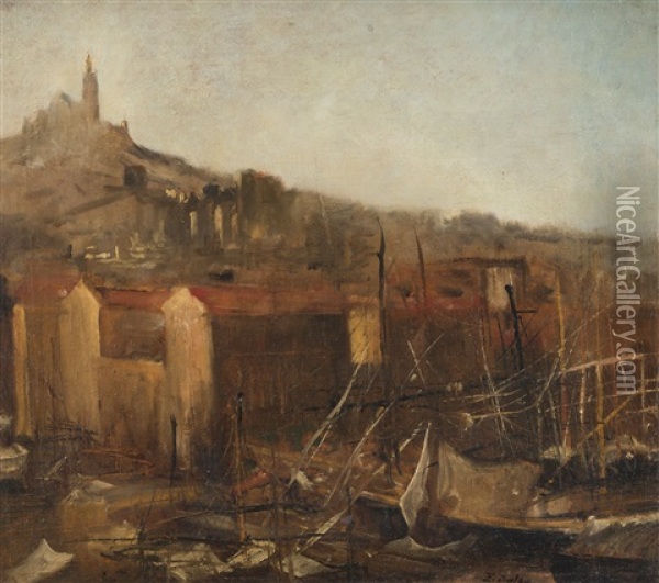Kleiner Hafen Mit Blick Auf Eine Kirche Oil Painting - Edouard-Jacques Dufeu