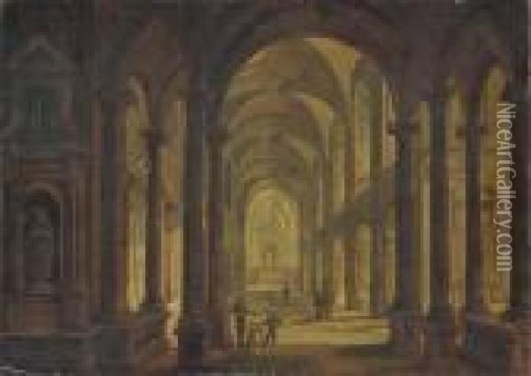 The Interior Of A Church At Night Oil Painting - Christian Stocklin