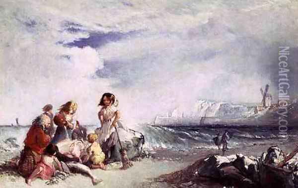 Fisherfolk on the Shore, Salting the Catch, Folkestone Oil Painting - James Baker Pyne