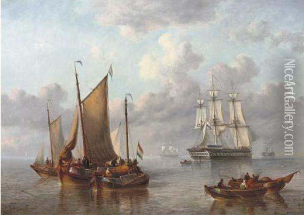 Shipping On A Calm Sea Oil Painting - George Willem Opdenhoff