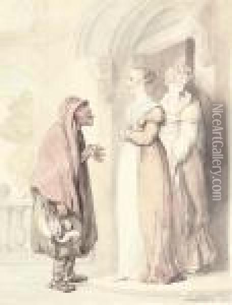 An Old Woman With Two Girls At A Doorway Oil Painting - Thomas Rowlandson