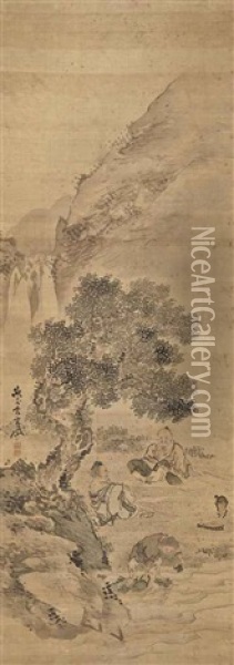 Sage Seated Under A Tree With Mountains And A Waterfall Behind Them Oil Painting - Gantai Kishi